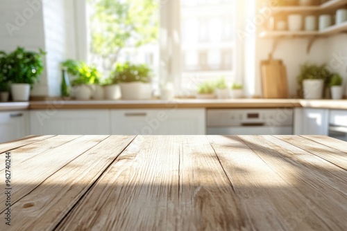 Green Empty wooden table with the bright white interior of the kitchen as a blurred background behind the bokeh golden sunshine , ai