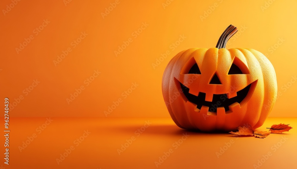 Banner with Smiling Pumpkin and Autumn Leaves for Halloween Design Banner with Smiling Pumpkin and Autumn Leaves for Halloween Design