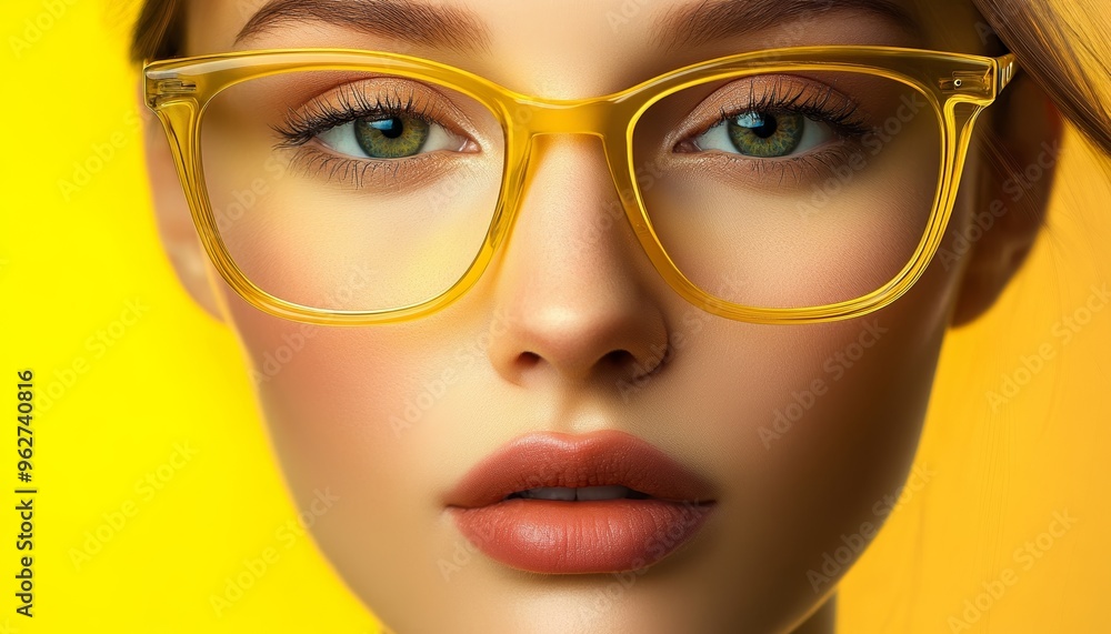 Front View of a Woman with Yellow Sunglasses Bright Background Front View of a Woman with Yellow Sunglasses Bright Background