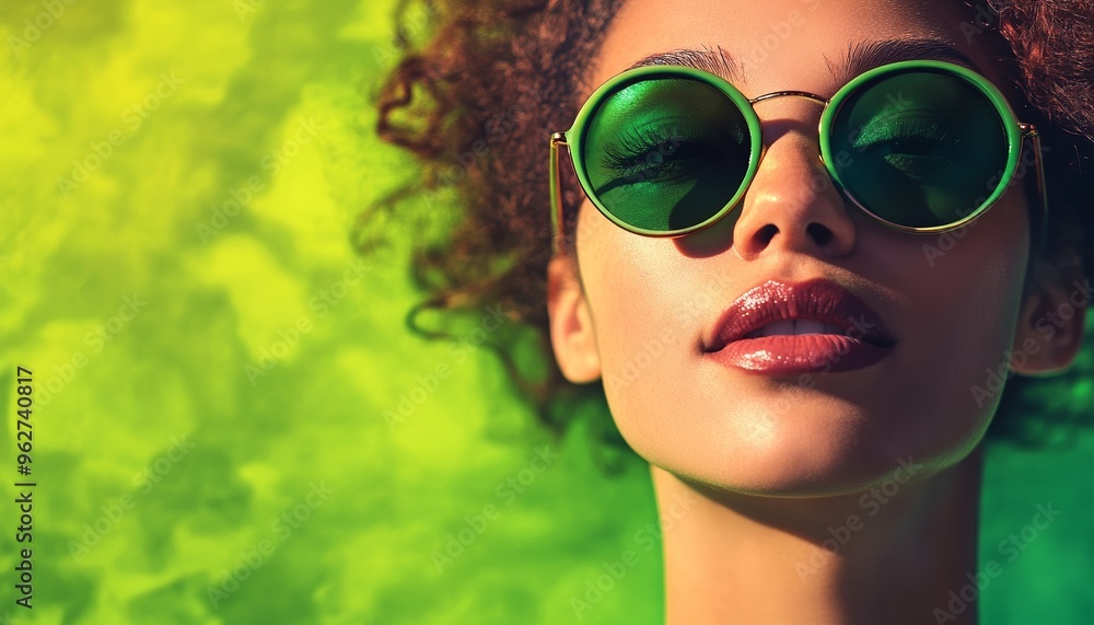 Woman with Green Sunglasses Red Lips on Vibrant Green Background Woman with Green Sunglasses Red Lips on Vibrant Green Background