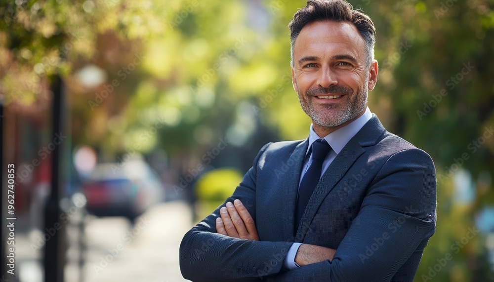 Happy Middle-Aged Businessman in Suit Smiling with Arms Crossed Outdoors Happy Middle-Aged Businessman in Suit Smiling with Arms Crossed Outdoors