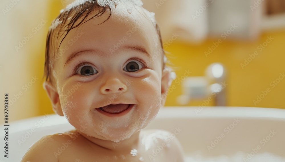 Cute Curious Smiling Infant Taking a Bath in Bright Bathroom