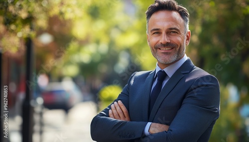 Happy Middle-Aged Businessman in Suit Smiling with Arms Crossed Outdoors