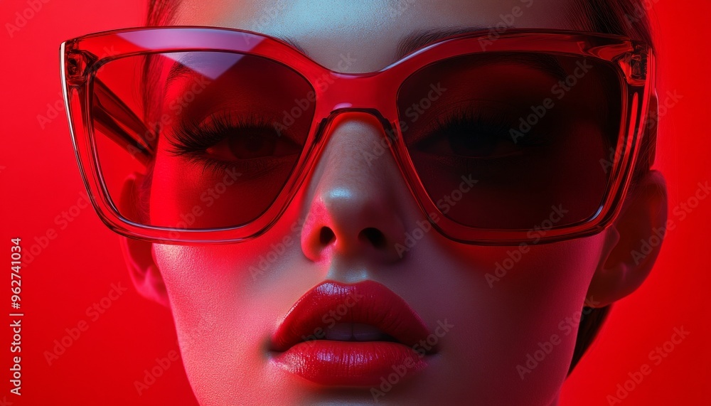 Red-Themed Image of Woman with Red Sunglasses Lips in Studio Red-Themed Image of Woman with Red Sunglasses Lips in Studio