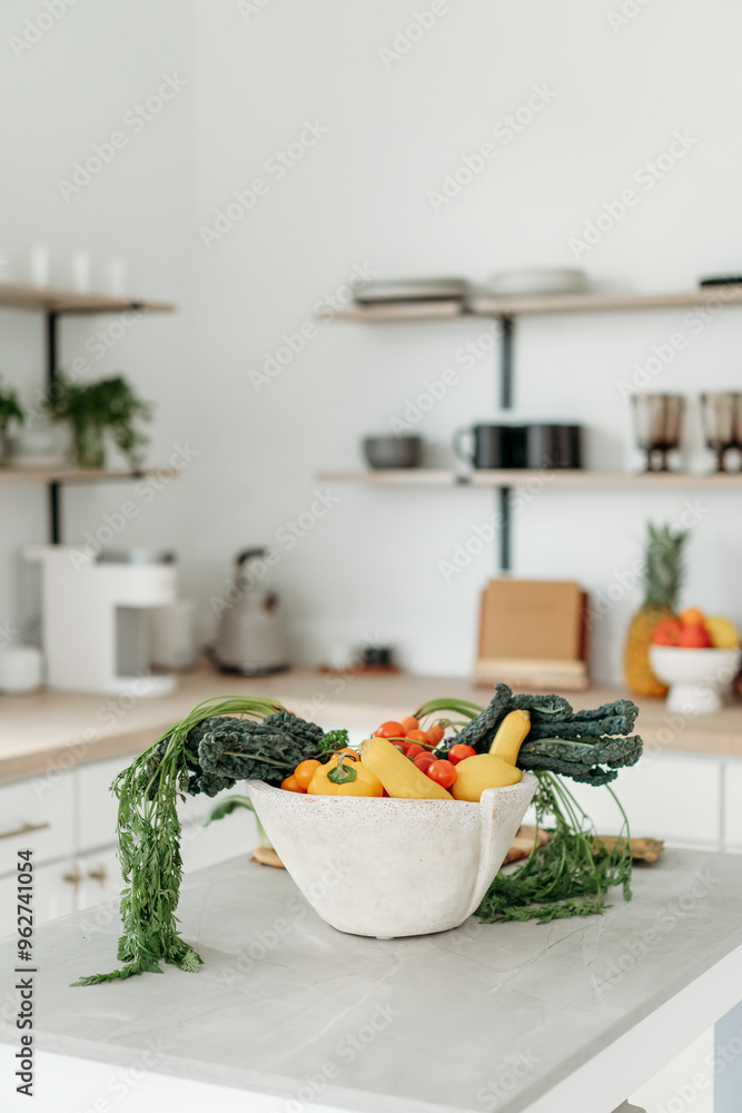 minimalist kitchen with bright vegetable bowl minimalist kitchen with bright vegetable bowl