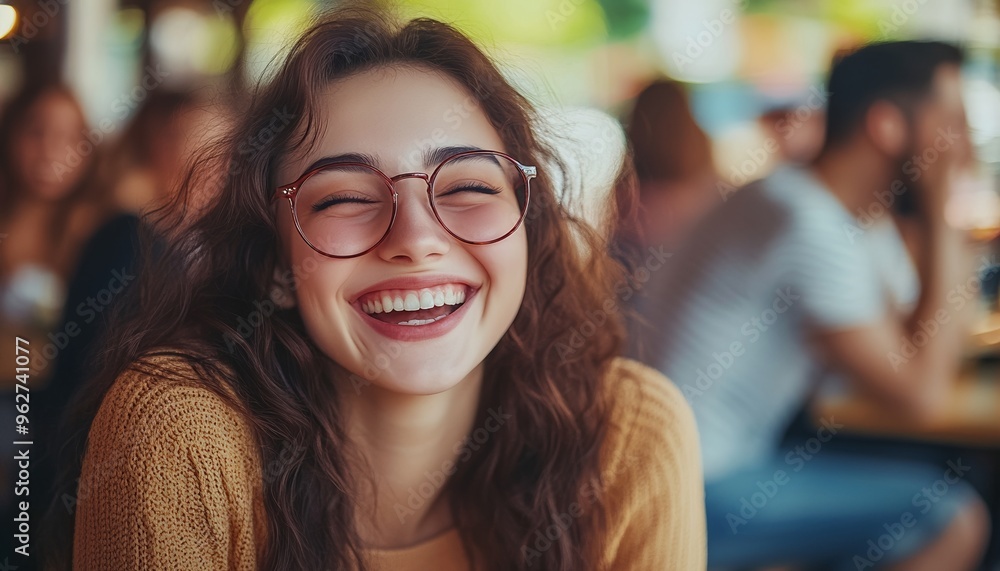 Candid Shot of Happy Young Woman with Glasses Smiling Outdoors Candid Shot of Happy Young Woman with Glasses Smiling Outdoors
