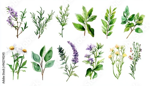 Watercolor Illustrations of Various Herbs Including Lavender Rosemary on White Background