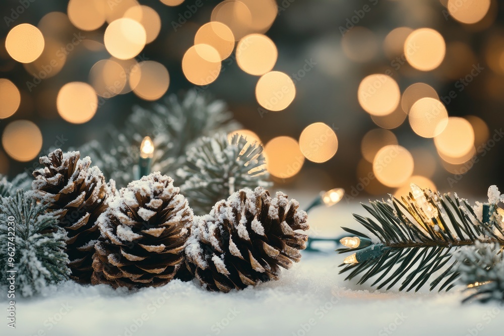 Obraz premium Snowy pine cones and branches with blurred holiday lights in the background with generative ai
