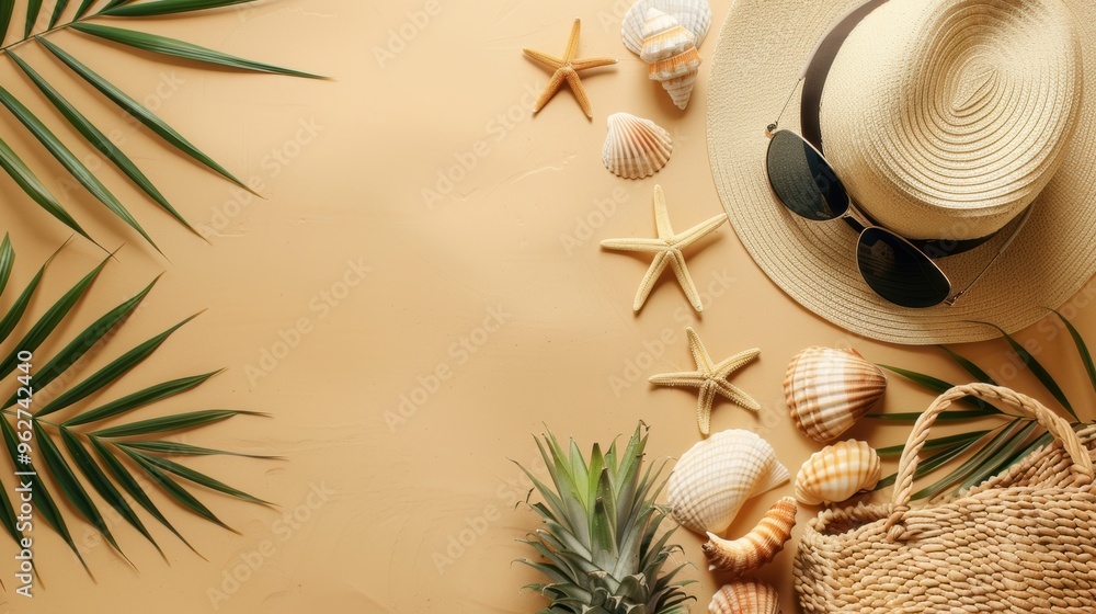 Summer vacation concept. Top view of straw hat, starfish and palm leaves on sandy beach. Summer vacation concept. Top view of straw hat, starfish and palm leaves on sandy beach.