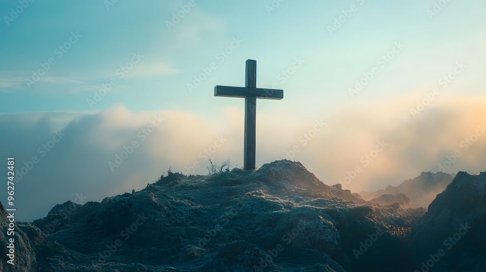 A wooden cross stands on a rocky peak A wooden cross stands on a rocky peak