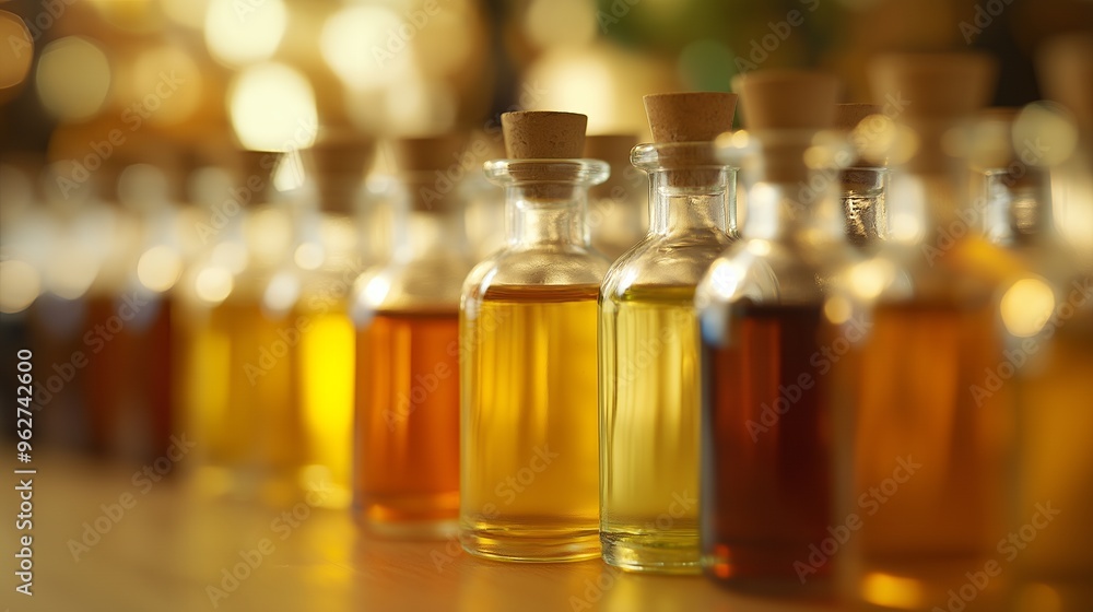 Bottles of amber liquid with cork tops arranged in a row on a wood surface with blurred background. Bottles of amber liquid with cork tops arranged in a row on a wood surface with blurred background.