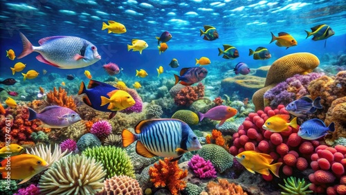 Vibrant And Diverse Assortment Of Tropical Fish Swimming Amidst A Vibrant Coral Reef In Crystal-Clear Ocean Water