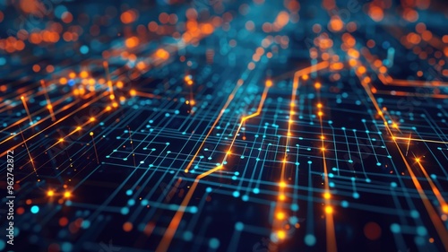 Abstract picture particle in complex circuit with digital technology style design and the electric light graphic show dynamic movement represent processor of chip algorithm process on computer. AIG53.