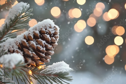 Snowy pine cones and branches with blurred holiday lights in the background with generative ai