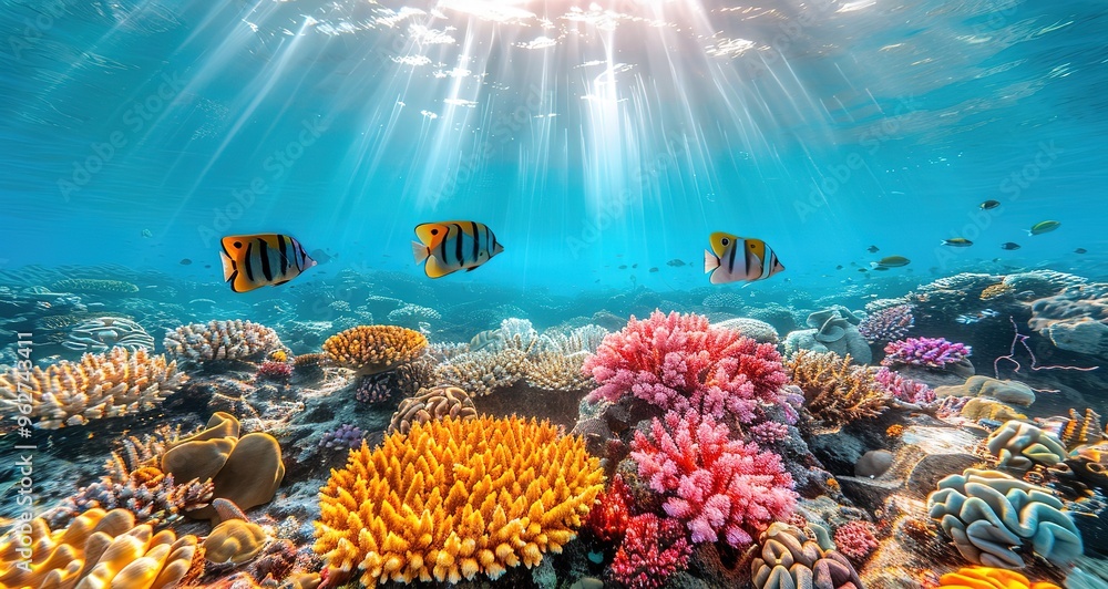 Naklejka premium Vibrant coral reef teeming with colorful fish, showcasing the beauty and diversity of underwater ecosystems.