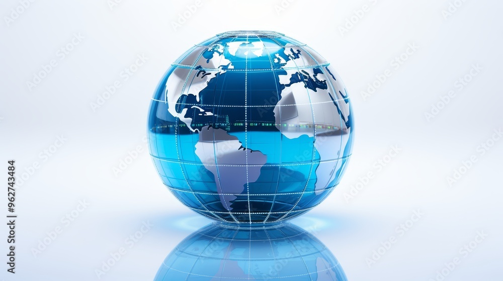 Blue glass globe surrounded by data blocks and it elements, representing global connectivity Blue glass globe surrounded by data blocks and it elements, representing global connectivity