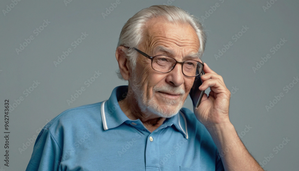 Portrait of an old gray-haired man in glasses and a blue shirt talking on the phone. Grandfather calling his grandchildren. Portrait of an old gray-haired man in glasses and a blue shirt talking on the phone. Grandfather calling his grandchildren.