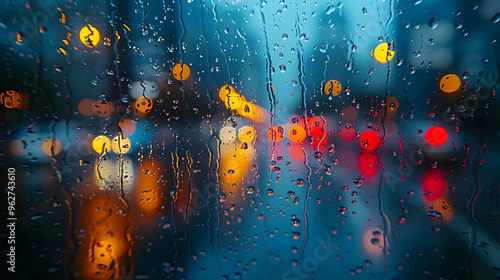 Raindrops on Glass with City Lights Background