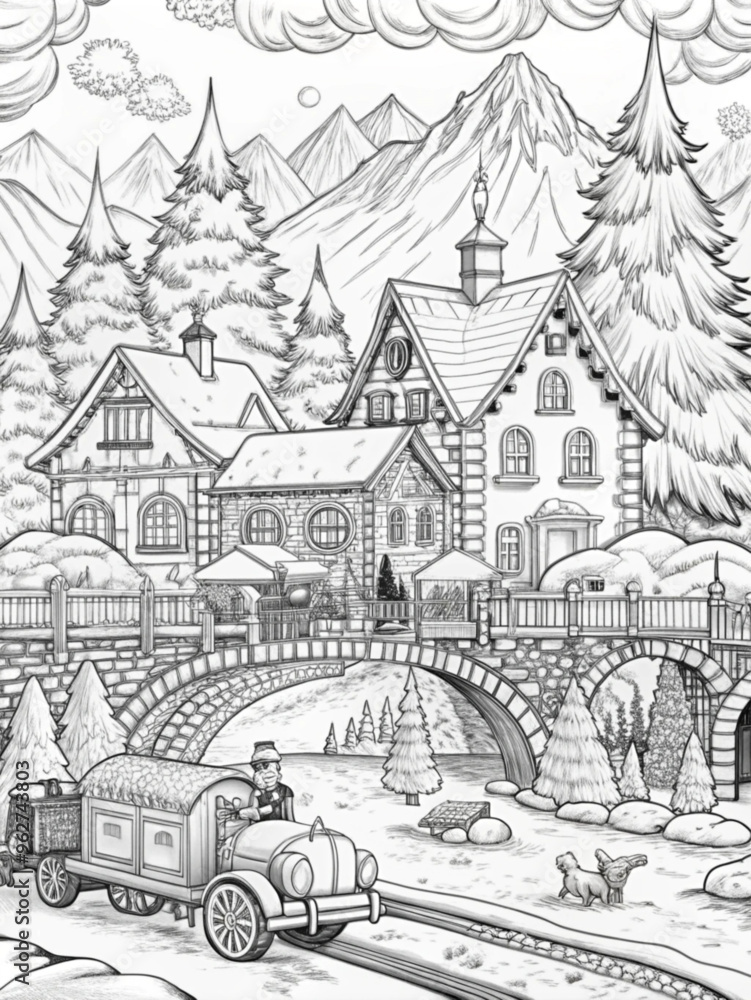 Detailed Winter Village Scene with Snow-Covered Houses for Coloring Books Detailed Winter Village Scene with Snow-Covered Houses for Coloring Books