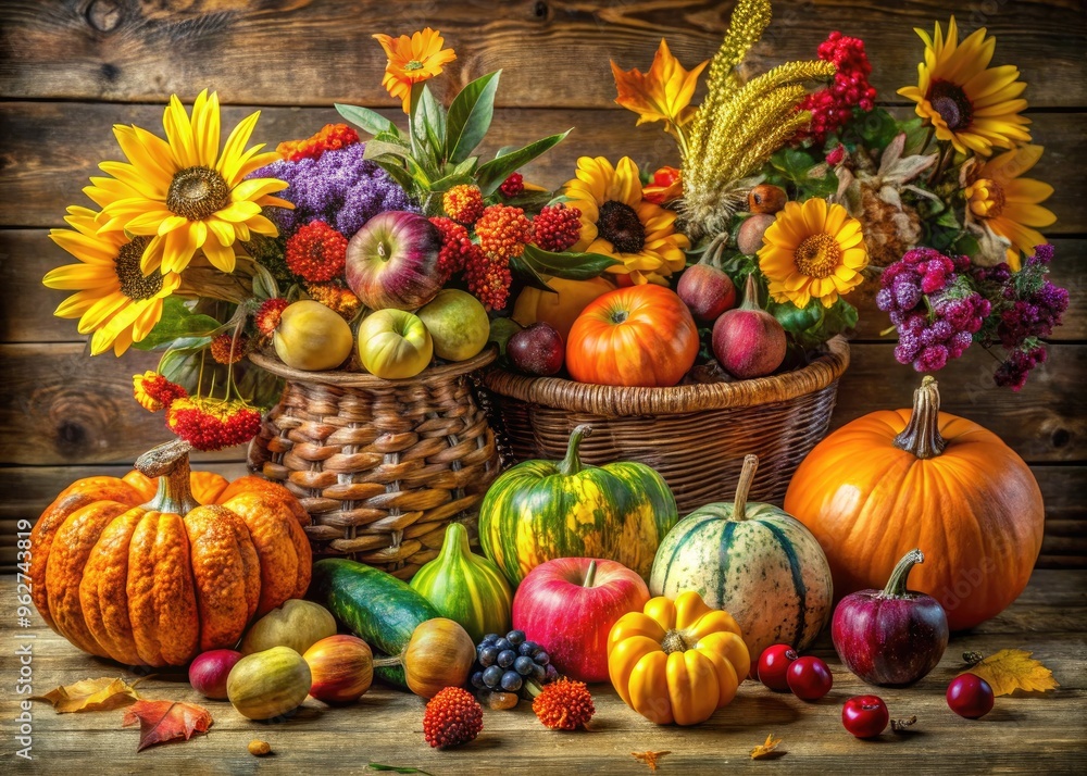 Vibrant autumnal still life featuring a cornucopia of seasonal fruits, gourds, and flowers, artfully arranged on a rustic wooden table, evoking warmth and harvest abundance. Vibrant autumnal still life featuring a cornucopia of seasonal fruits, gourds, and flowers, artfully arranged on a rustic wooden table, evoking warmth and harvest abundance.