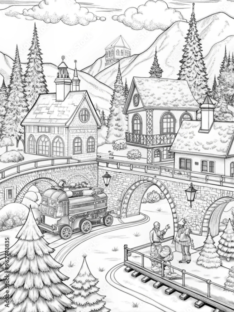 Detailed Winter Village Scene with Snow-Covered Houses for Coloring Books Detailed Winter Village Scene with Snow-Covered Houses for Coloring Books