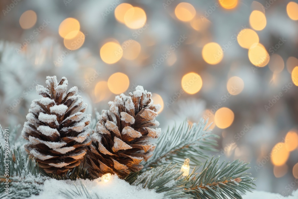 Snowy pine cones and branches with blurred holiday lights in the background with generative ai Snowy pine cones and branches with blurred holiday lights in the background with generative ai