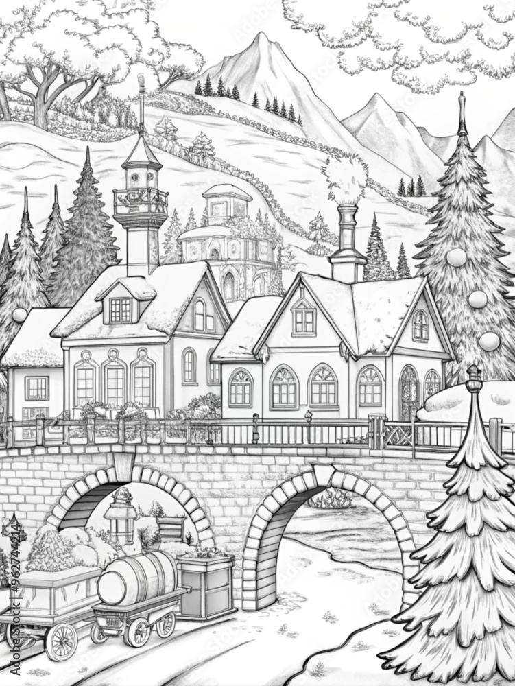 Naklejka premium Detailed Winter Village Scene with Snow-Covered Houses for Coloring Books