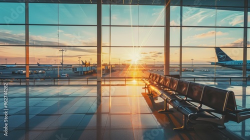 Airport terminal at sunset, travel concept.