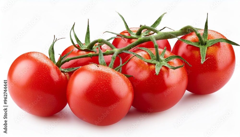 Fresh, juicy tomatoes hanging from a green vine, ideal for recipe websites Fresh, juicy tomatoes hanging from a green vine, ideal for recipe websites