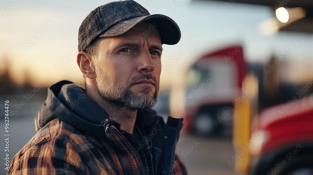 Portrait of a male truck driver at a gas station. A group of drivers relaxing outdoors. Walking concept. Portrait of a male truck driver at a gas station. A group of drivers relaxing outdoors. Walking concept.