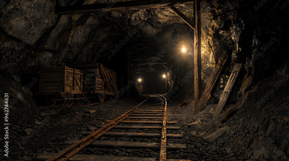 Rusty train tracks leading deep into a dark mine tunnel with wooden beams and a cart. Rusty train tracks leading deep into a dark mine tunnel with wooden beams and a cart.