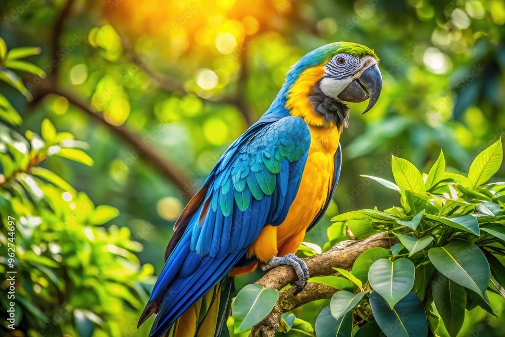 Vibrant blue-and-yellow macaw perched on a lush green branch, its bright plumage glistening in the sunlight, showcasing its majestic beauty in its natural habitat. Vibrant blue-and-yellow macaw perched on a lush green branch, its bright plumage glistening in the sunlight, showcasing its majestic beauty in its natural habitat.