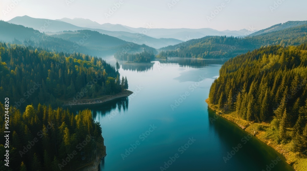 Aerial view of beautiful mountain lake in the morning. Aerial view of beautiful mountain lake in the morning.