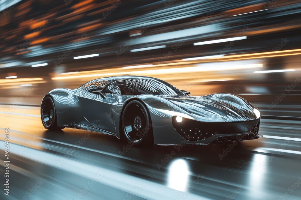 Sport car on the road with motion blur background. Street racing videogame gameplay. 3D rendering of a brand-less generic concept car in a futuristic environment with generative ai Sport car on the road with motion blur background. Street racing videogame gameplay. 3D rendering of a brand-less generic concept car in a futuristic environment with generative ai