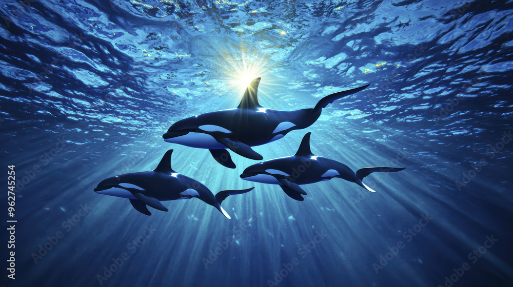 Fototapeta premium Orcas swimming in unison through cold water, illuminated by sunlight, create serene underwater scene.