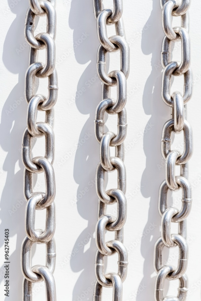 Fototapeta premium Bright and High-Contrast Silver Chains Pattern on a Crisp White Background with Soft Shadows