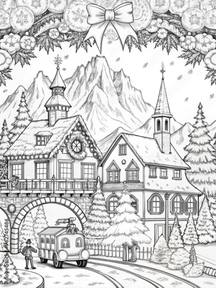 Obraz premium Detailed Winter Village Scene with Snow-Covered Houses for Coloring Books