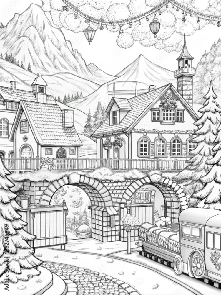 Naklejka premium Detailed Winter Village Scene with Snow-Covered Houses for Coloring Books