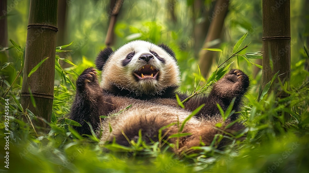 Fototapeta premium A playful giant panda frolicking amidst the lush green bamboo forest, capturing moments of joy and curiosity in its natural habitat. The scene highlights the panda's playful behavior