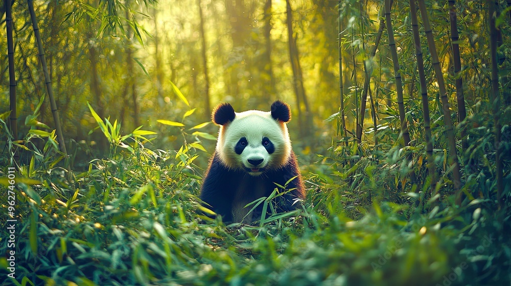A playful giant panda frolicking amidst the lush green bamboo forest, capturing moments of joy and curiosity in its natural habitat. The scene highlights the panda's playful behavior A playful giant panda frolicking amidst the lush green bamboo forest, capturing moments of joy and curiosity in its natural habitat. The scene highlights the panda's playful behavior