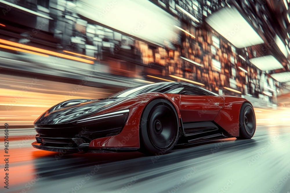 Fototapeta premium Sport car on the road with motion blur background. Street racing videogame gameplay. 3D rendering of a brand-less generic concept car in a futuristic environment with generative ai