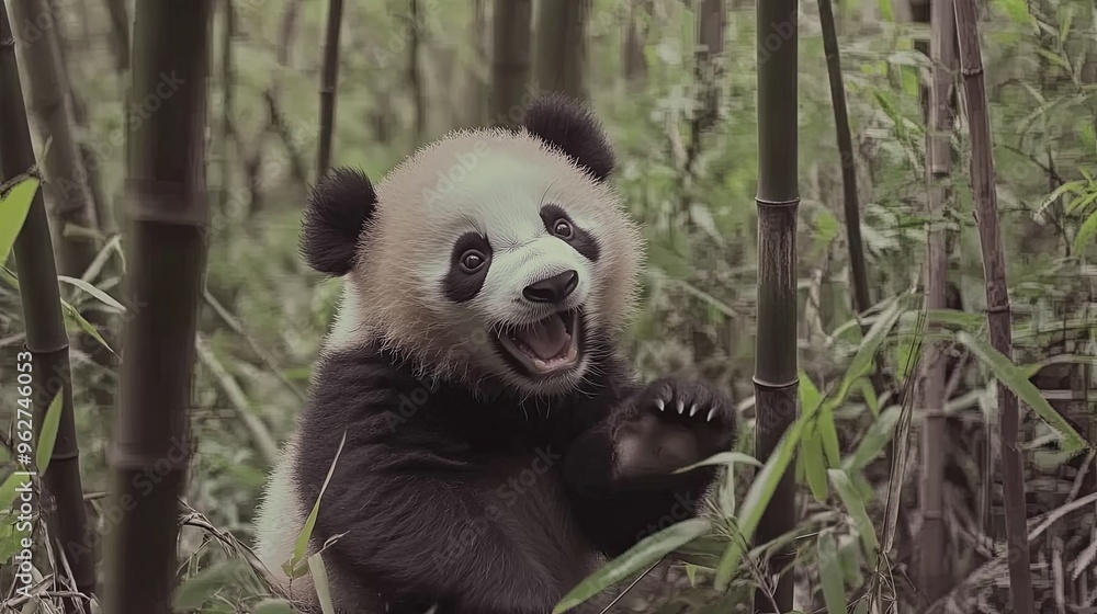 Obraz premium A playful giant panda frolicking amidst the lush green bamboo forest, capturing moments of joy and curiosity in its natural habitat. The scene highlights the panda's playful behavior