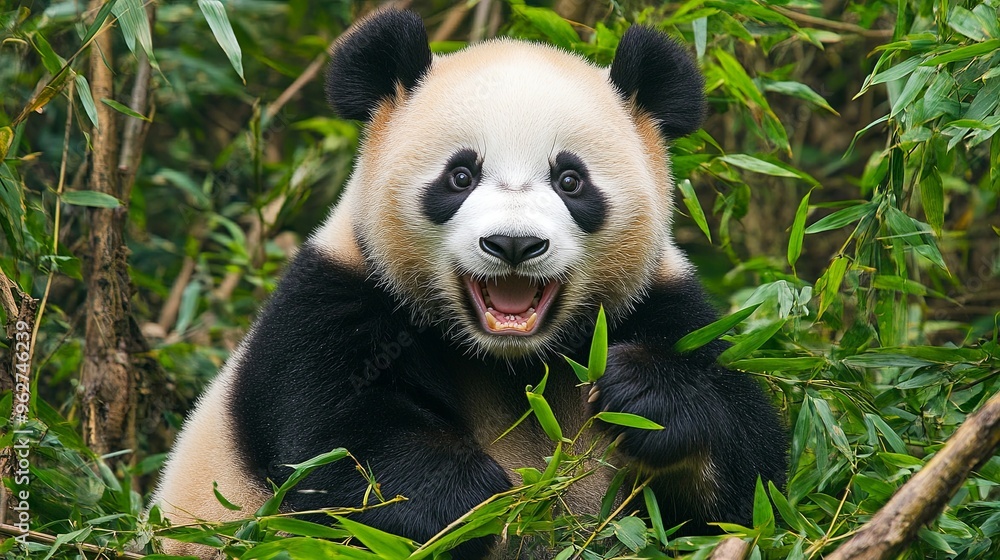 A playful giant panda frolicking amidst the lush green bamboo forest, capturing moments of joy and curiosity in its natural habitat. The scene highlights the panda's playful behavior A playful giant panda frolicking amidst the lush green bamboo forest, capturing moments of joy and curiosity in its natural habitat. The scene highlights the panda's playful behavior