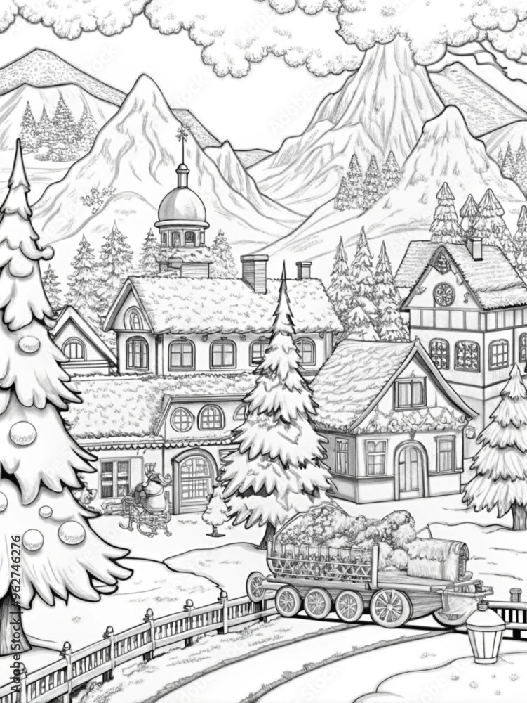 Obraz premium Detailed Winter Village Scene with Snow-Covered Houses for Coloring Books