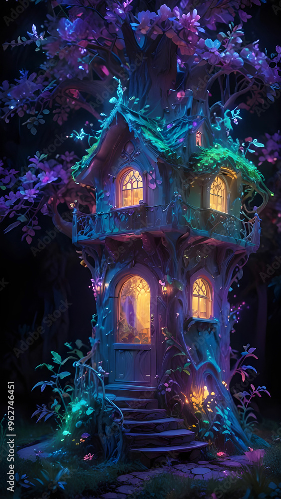 Obraz premium A fairy house that is both elegant and whimsical. The house is built into a giant tree, with winding staircases and hidden rooms