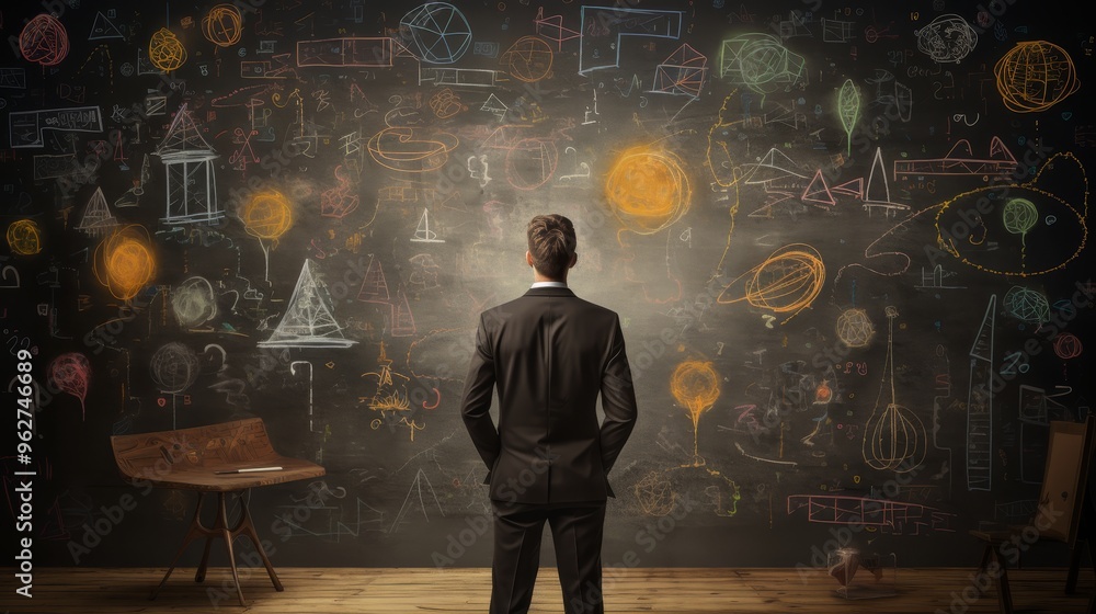 Man analyzing business plan on blackboard filled with question marks and scribbles Man analyzing business plan on blackboard filled with question marks and scribbles