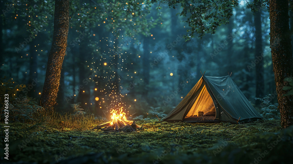 A tent under the night sky in a peaceful forest, surrounded by trees and nature, perfect for camping adventure A tent under the night sky in a peaceful forest, surrounded by trees and nature, perfect for camping adventure
