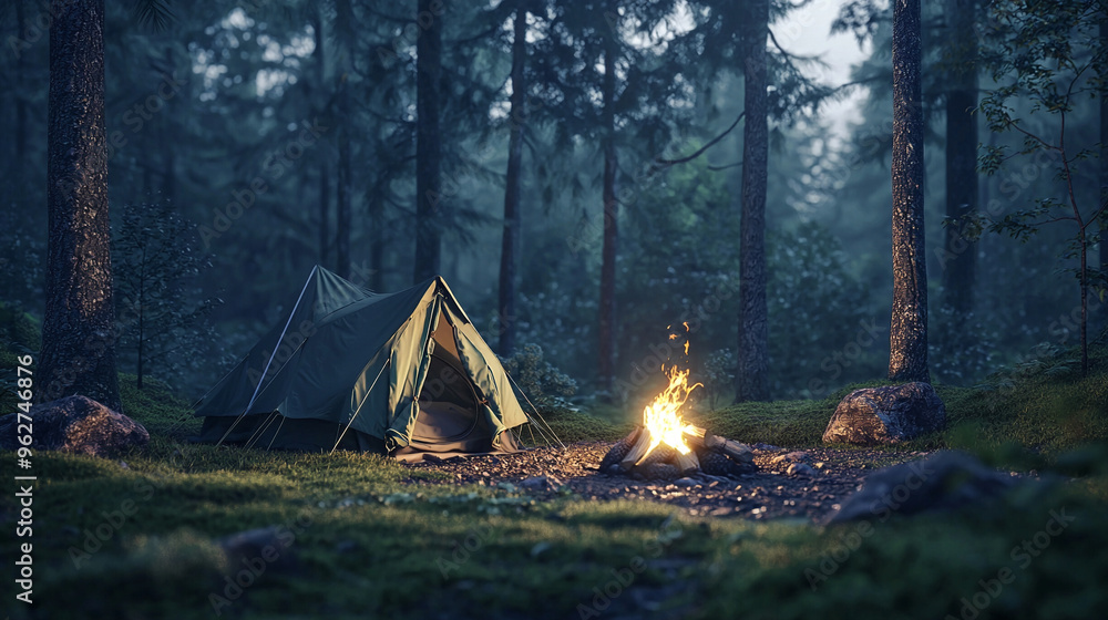 A tent under the night sky in a peaceful forest, surrounded by trees and nature, perfect for camping adventure A tent under the night sky in a peaceful forest, surrounded by trees and nature, perfect for camping adventure