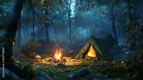 A tent under the night sky in a peaceful forest, surrounded by trees and nature, perfect for camping adventure