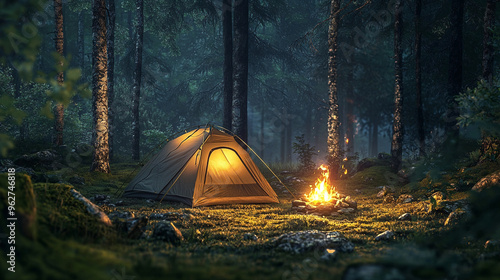 A tent under the night sky in a peaceful forest, surrounded by trees and nature, perfect for camping adventure